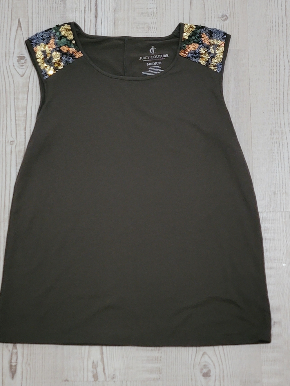 Juicy Couture Olive/Brown Sleeveless Top with Sequin Shoulder Panels Medium Y2K